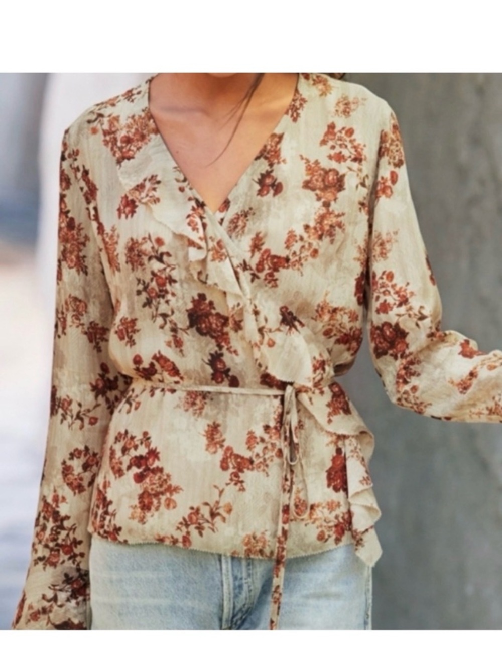 PERUVIAN CONNECTION Women Top M Gemma Wrap Blouse Ruffle Floral Feminine Boho